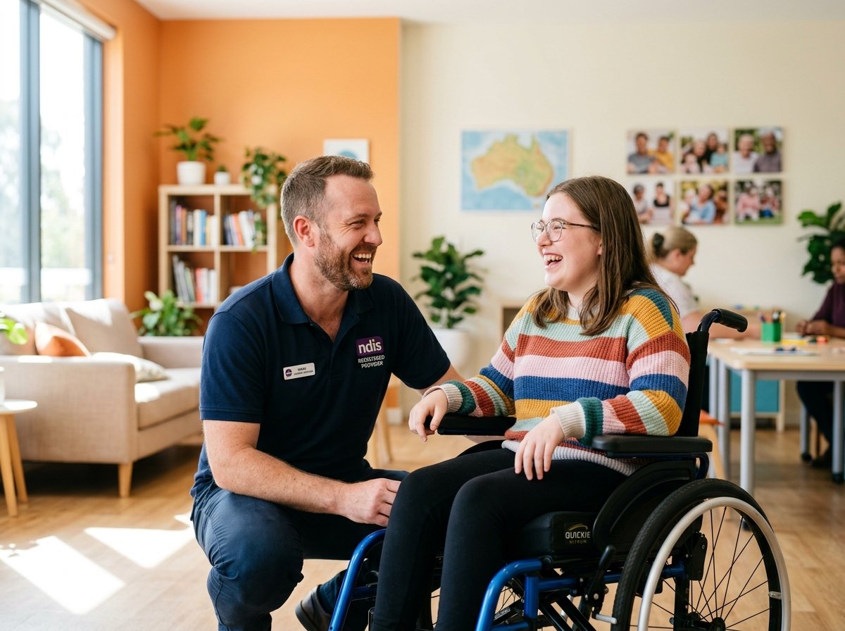 Compassionate NDIS support worker assisting participant with wheelchair mobility and active community engagement